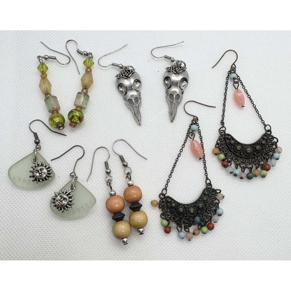 Lot of 5 Boho Festival Desert Earrings – Sea Glass Sun, Bird Skull,‎ Wood & Bead